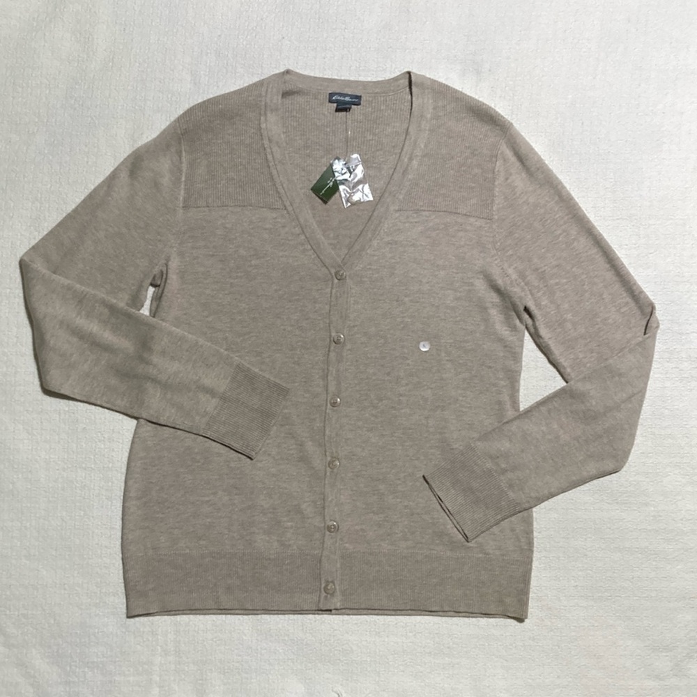 Eddie Bauer Camel V Neck Lambswool Blend Cardigan NWT Size Large